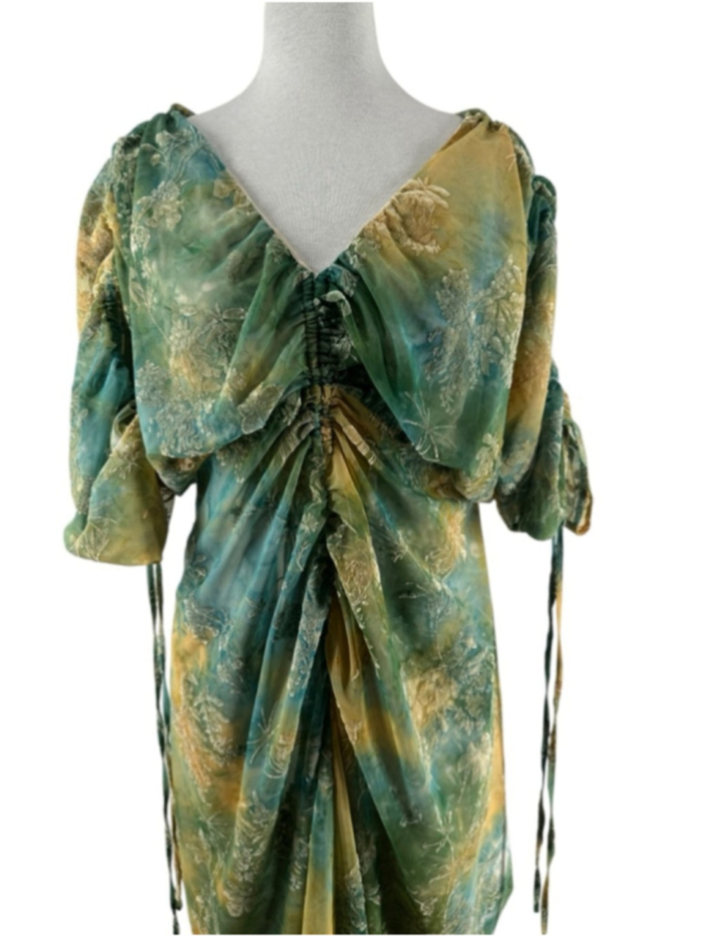 Green Ruched V-Neck Midi Dress - Picture 12 of 14